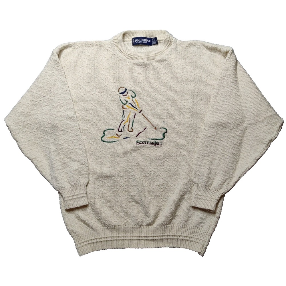 VTG SCOTTISH ISLE BY BERNETTE Men Large Beige‎ Cotton Hand Framed Sweater USA